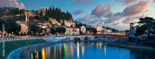 verona cityscape sunset, Ponte Pietra, Verona, with Adige photo