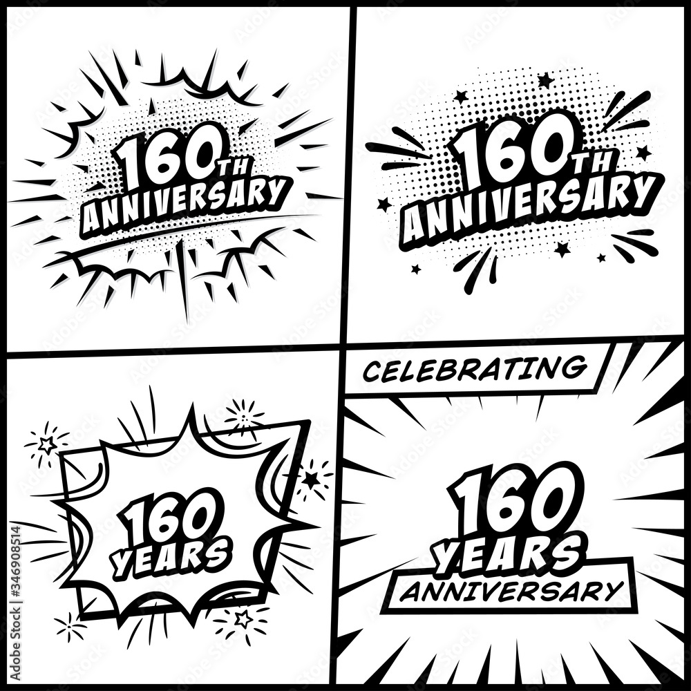 160 years anniversary logo collection. 160th years anniversary celebration comic logotype. Pop art style vector and illustration.