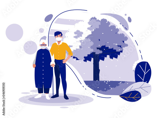 Man and grandmother with mask in front of landscape vector design