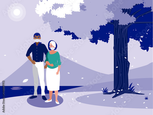 Woman and man with mask in front of landscape vector design