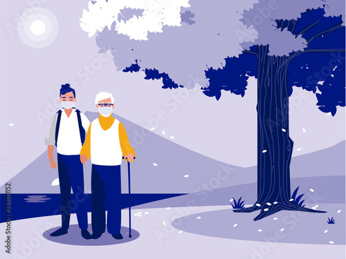 Man and grandfather with mask in front of landscape vector design