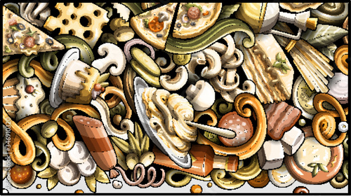 Italian food hand drawn doodle banner. Cartoon detailed flyer.