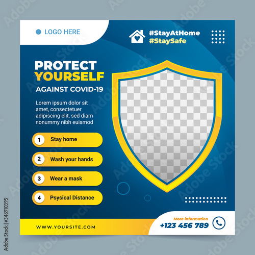 social media post template square banner about corona virus (covid-19). with shield protect and blue yellow background. suitable web promotion for stay home awareness. 