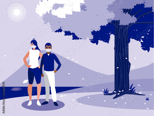 Woman and man with mask in front of landscape vector design