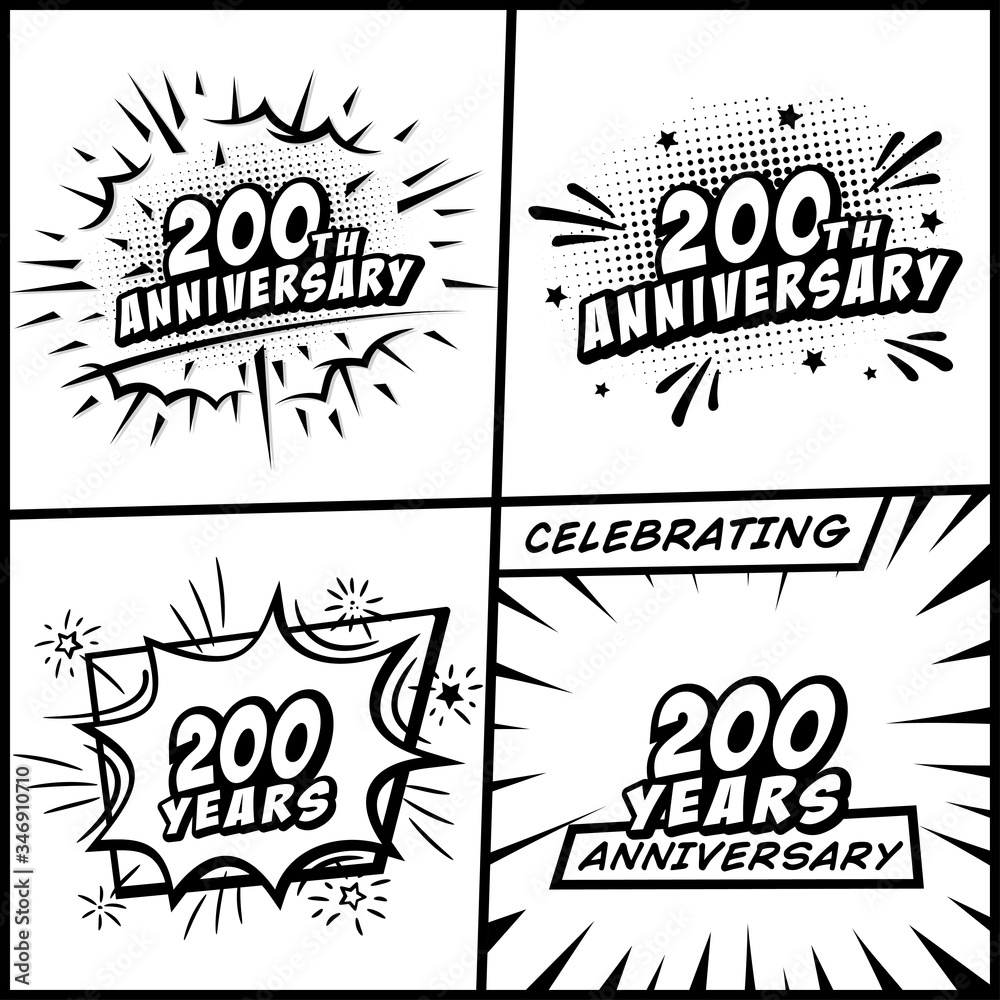 200 years anniversary logo collection. 200th years anniversary celebration comic logotype. Pop art style vector and illustration.