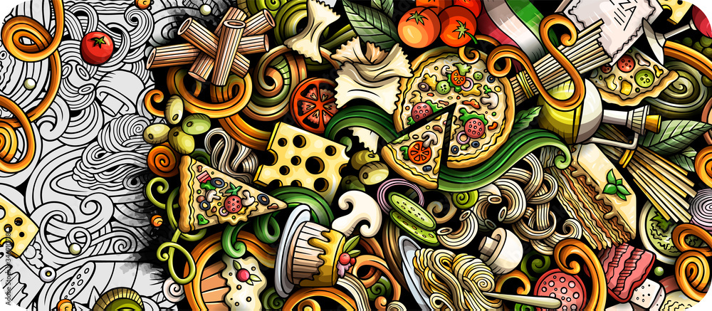 Fototapeta Italian food hand drawn doodle banner. Cartoon detailed flyer.
