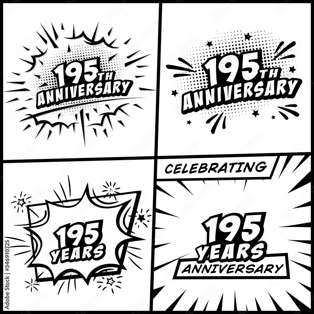 195 years anniversary logo collection. 195th years anniversary celebration comic logotype. Pop art style vector and illustration.