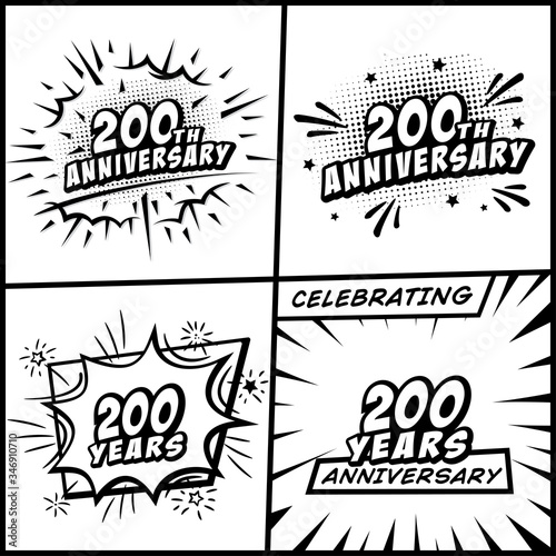 200 years anniversary logo collection. 200th years anniversary celebration comic logotype. Pop art style vector and illustration.