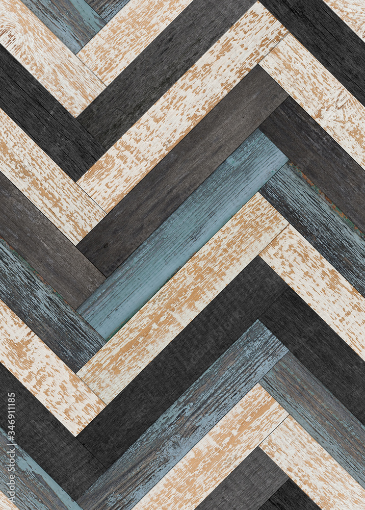 Weathered wood texture background. Seamless wooden floor with herringbone pattern. 

