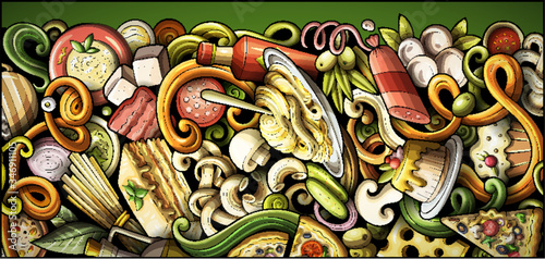 Italian food hand drawn doodle banner. Cartoon detailed flyer.