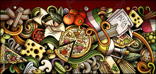 Italian food hand drawn doodle banner. Cartoon detailed flyer.
