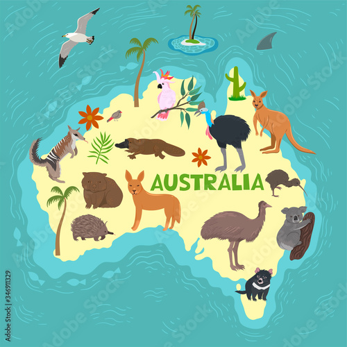 Australia and Australian animals. Inscription Australia. Vector graphics.