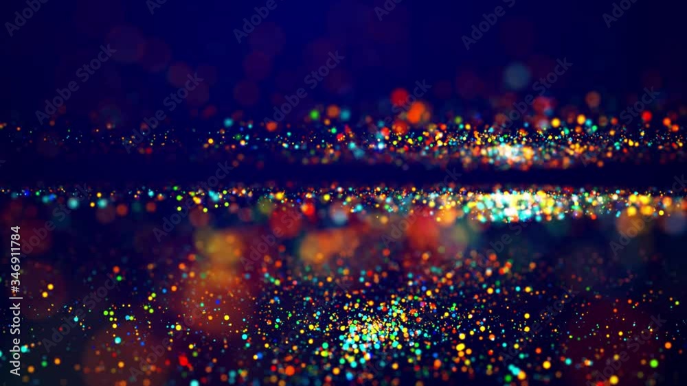 Magical multicolored sparkles of light form abstract simple plane structure. Multi-colored glow particles float in viscous liquid as fantastic 3d background in 4k. Luma matte as alpha channel.