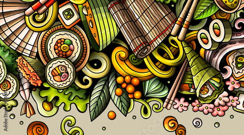 Japanese food hand drawn doodle banner. Cartoon detailed flyer.