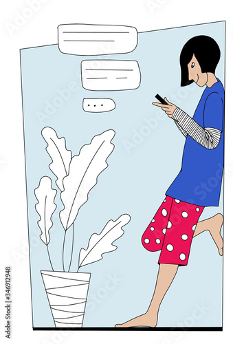 Teenager girl with phone in her hand chatting with her friends stands leaning against the wall at home. Vector illustration line style