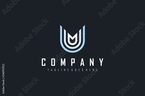 Abstract Initial Letter M and U Linked Logo. Blu and White Geometric Linear Style isolated on Black Background. Usable for Business and Building Logos. Flat Vector Logo Design Template Element.