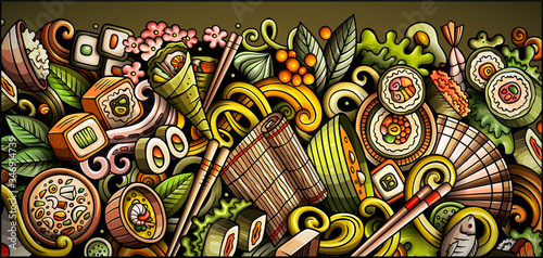 Japanese food hand drawn doodle banner. Cartoon detailed flyer.