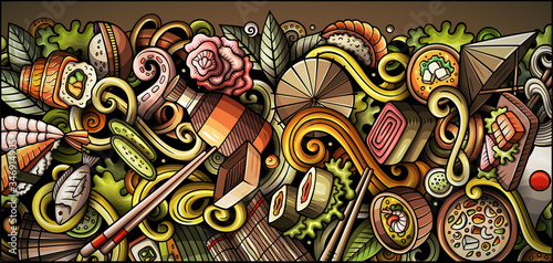 Japanese food hand drawn doodle banner. Cartoon detailed flyer.