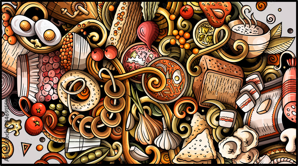 Fototapeta premium Russian food hand drawn doodle banner. Cartoon detailed flyer.
