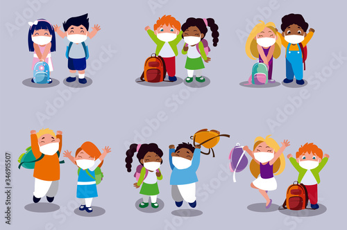 Set of girls and boys kids cartoons with masks and school bags vector design