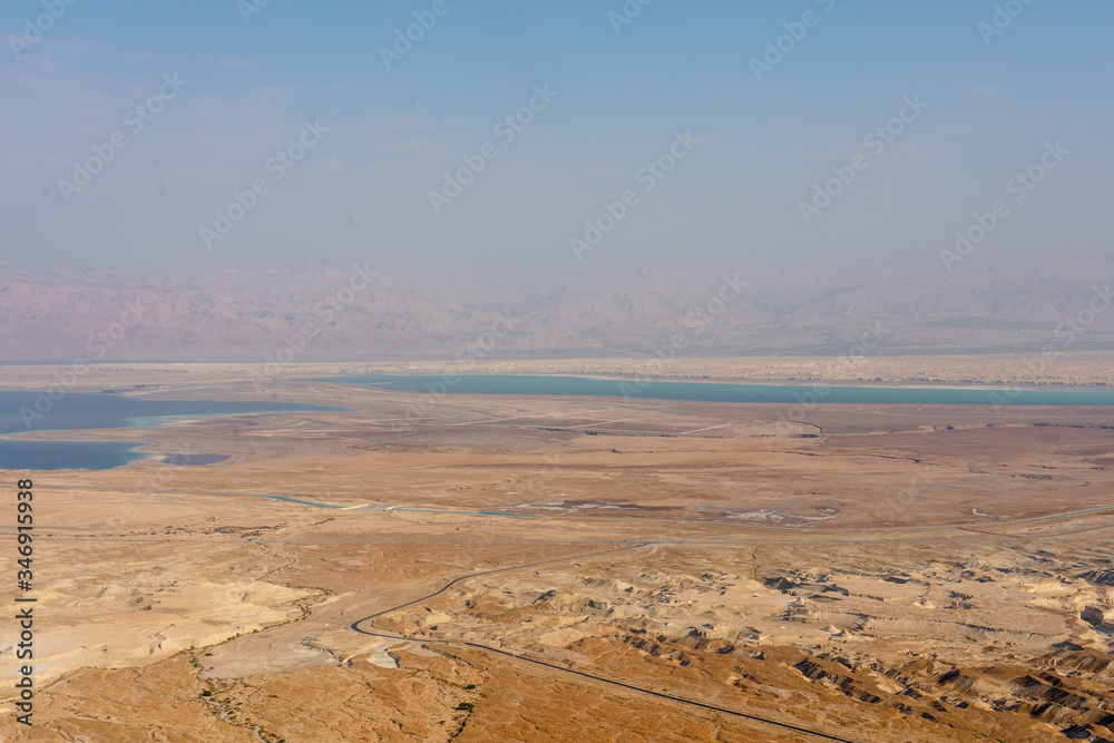 Masada UNESCO world heritage site, the Dead Sea in Israel seen from above in an aerial skyline photo