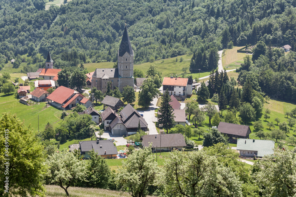 Small village Svetina near Celje, a famous pilgrimage site with Holy Mother church, Slovenia