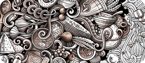 Russian food hand drawn doodle banner. Cartoon detailed flyer.