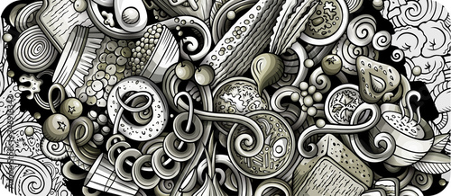 Russian food hand drawn doodle banner. Cartoon detailed flyer.