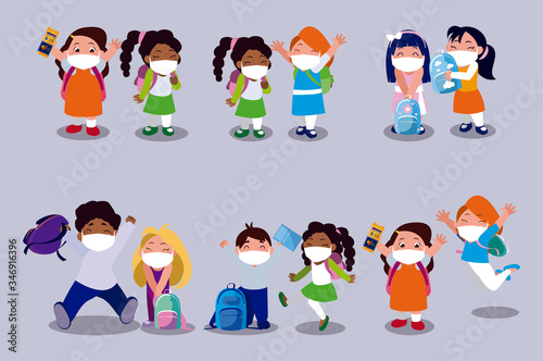 Set of girls and boys kids cartoons with masks and school bags vector design