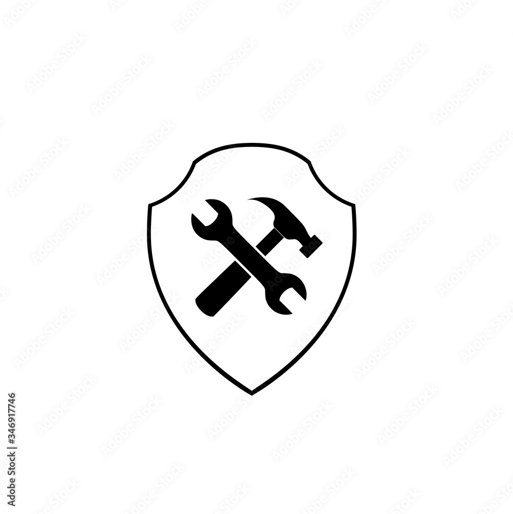 Hammer and wrench on shield icon isolated on white background Hammer and wrench on shield icon isolated on white background