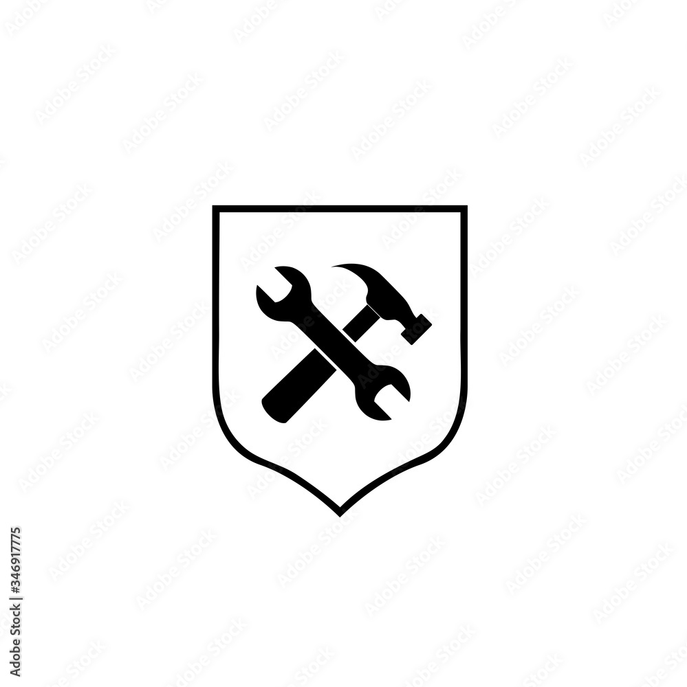 Hammer and wrench on shield icon isolated on white background Hammer and wrench on shield icon isolated on white background