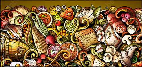 Russian food hand drawn doodle banner. Cartoon detailed flyer.