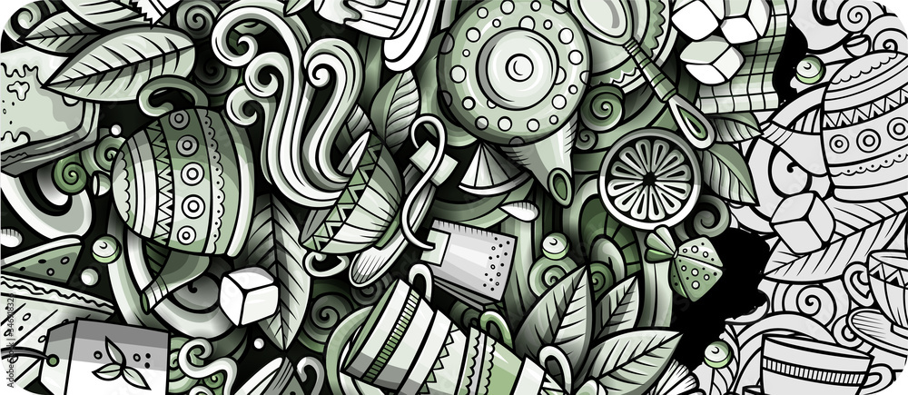 Naklejka premium Tea hand drawn doodle banner. Cartoon detailed flyer.