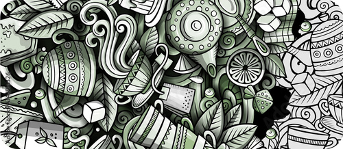 Tea hand drawn doodle banner. Cartoon detailed flyer.