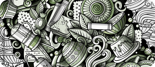 Tea hand drawn doodle banner. Cartoon detailed flyer.