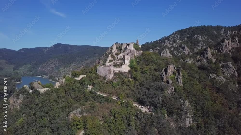 Flight around of ruined Durnstein castle, Wachau valley, Austria Flight around of ruined Durnstein castle, Wachau valley, Austria