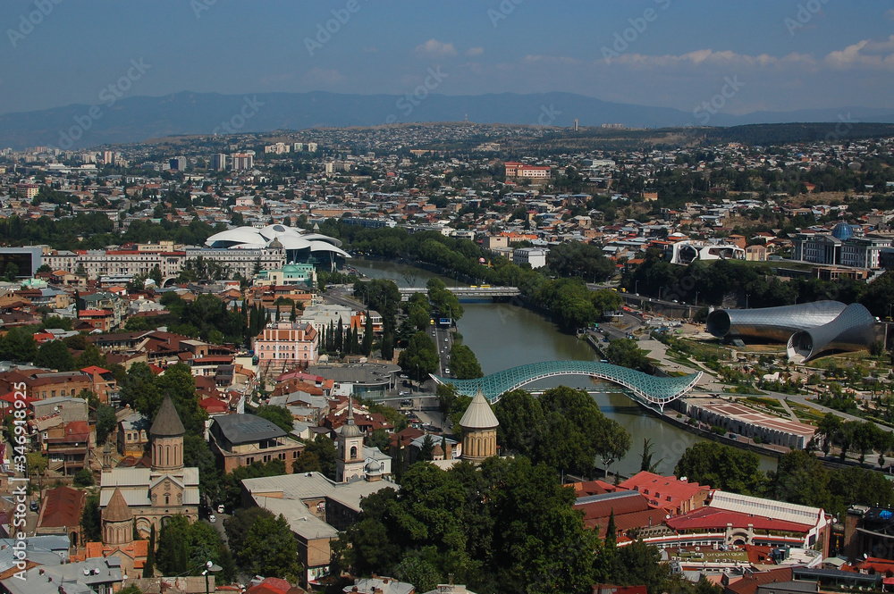 Traditional Georgian architecture and panoramic view of Tbilisi city, old town and modern architecture. Tbilisi the capital of Georgia
