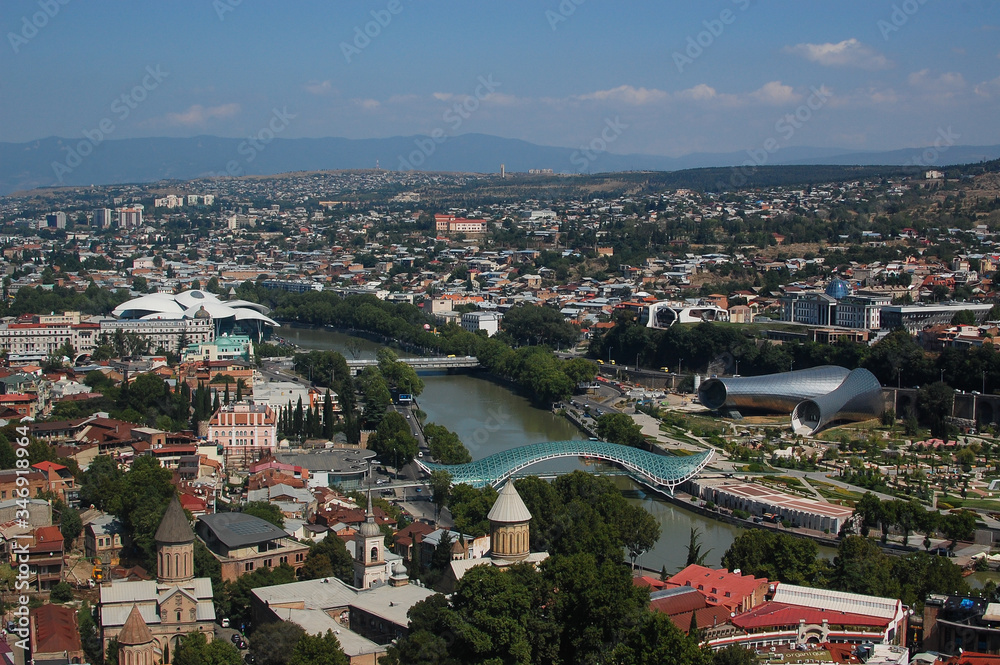 Traditional Georgian architecture and panoramic view of Tbilisi city, old town and modern architecture. Tbilisi the capital of Georgia