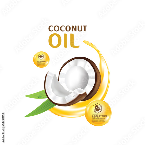 Realistic coconut organic milk ,oil and green palm leaves Vector illustration