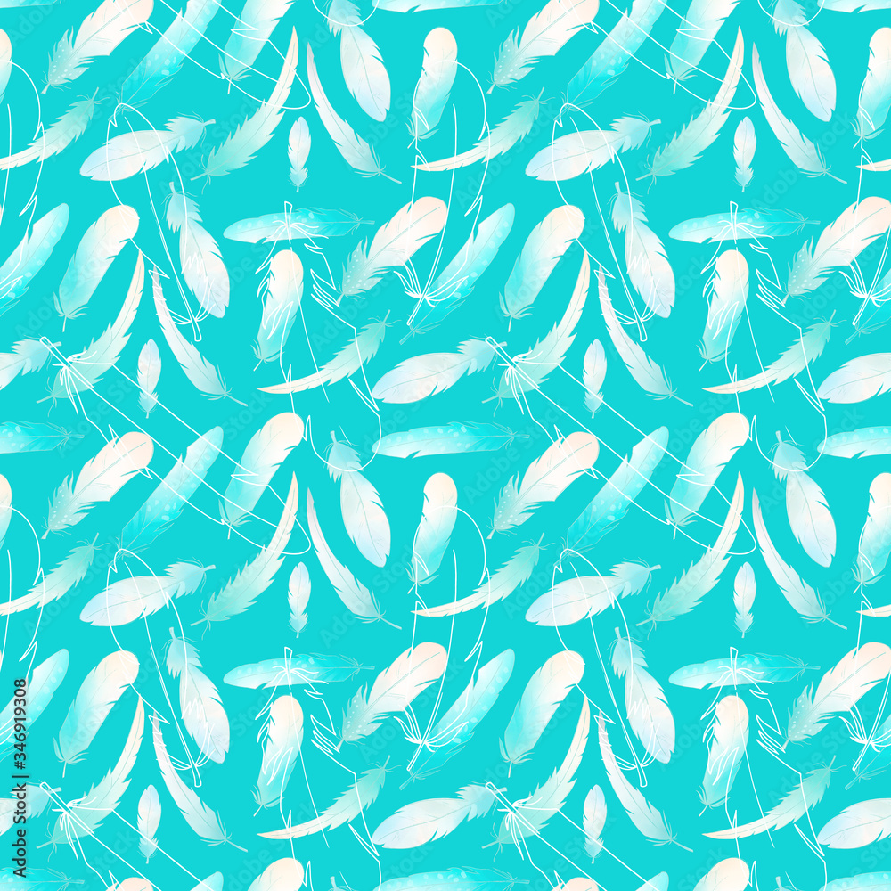 Colored turquoise yellow cute feathers seamless pattern on a blue background. Textural watercolor digital art. Print for fabrics, clothes, stationery, banners, cards, wrapping paper, decoration. Colored turquoise yellow cute feathers seamless pattern on a blue background. Textural watercolor digital art. Print for fabrics, clothes, stationery, banners, cards, wrapping paper, decoration.