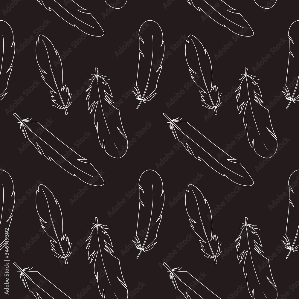 Line cute feathers seamless pattern on a black background. Digital doodle outline art. Print for fabrics, clothes, stationery, banners, cards, wrapping paper, design, posters. Line cute feathers seamless pattern on a black background. Digital doodle outline art. Print for fabrics, clothes, stationery, banners, cards, wrapping paper, design, posters.