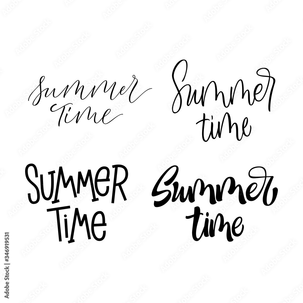 Set of Summer hand lettering signs. 4 different calligraphic styles. Summer Time. Typographic design element.