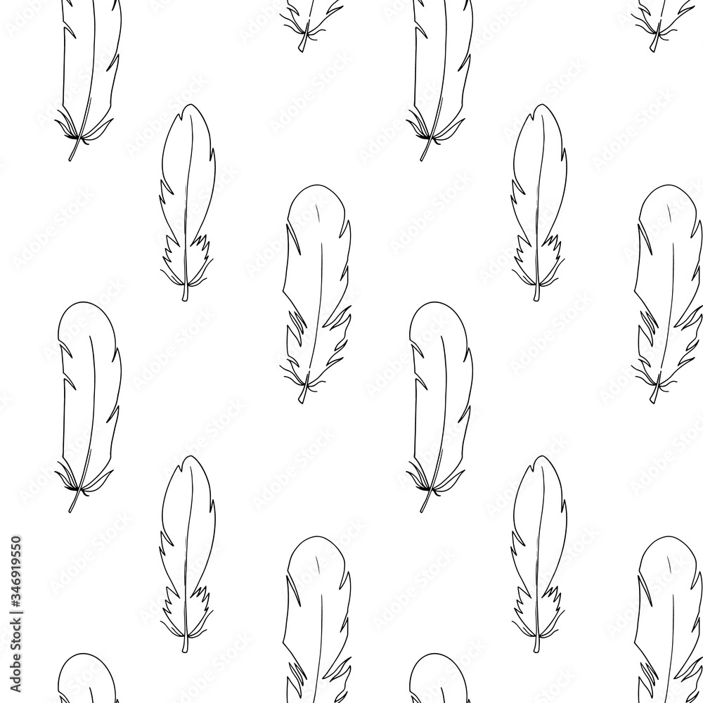 Line cute feathers seamless pattern on a white background. Digital doodle outline art. Print for fabrics, clothes, stationery, banners, cards, wrapping paper, decoration, coloring pages. Line cute feathers seamless pattern on a white background. Digital doodle outline art. Print for fabrics, clothes, stationery, banners, cards, wrapping paper, decoration, coloring pages.