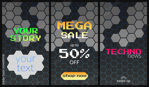 Vector set of vertical abstract banners. Gray background with a hexagonal grid. Concept Storeys banners, sale, discounts, techno news. Place for text. Copyspace.