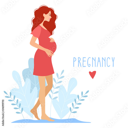 Pregnant woman walking. Happy pregnant woman holds her belly. Decorated beautiful leaves. Decorated beautiful leaves.Vector illustration.