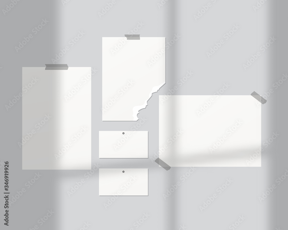 Mood boards mockup. Empty sheets of white paper on the wall. Mood boards with shadow overlay. Mockup vector isolated. Template design. Realistic vector illustration. Mood boards mockup. Empty sheets of white paper on the wall. Mood boards with shadow overlay. Mockup vector isolated. Template design. Realistic vector illustration.