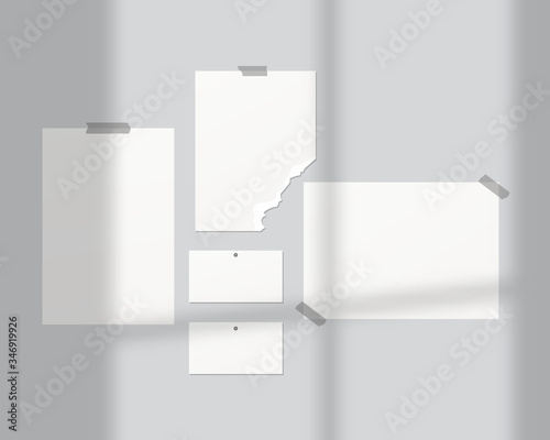 Mood boards mockup. Empty sheets of white paper on the wall. Mood boards with shadow overlay. Mockup vector isolated. Template design. Realistic vector illustration.