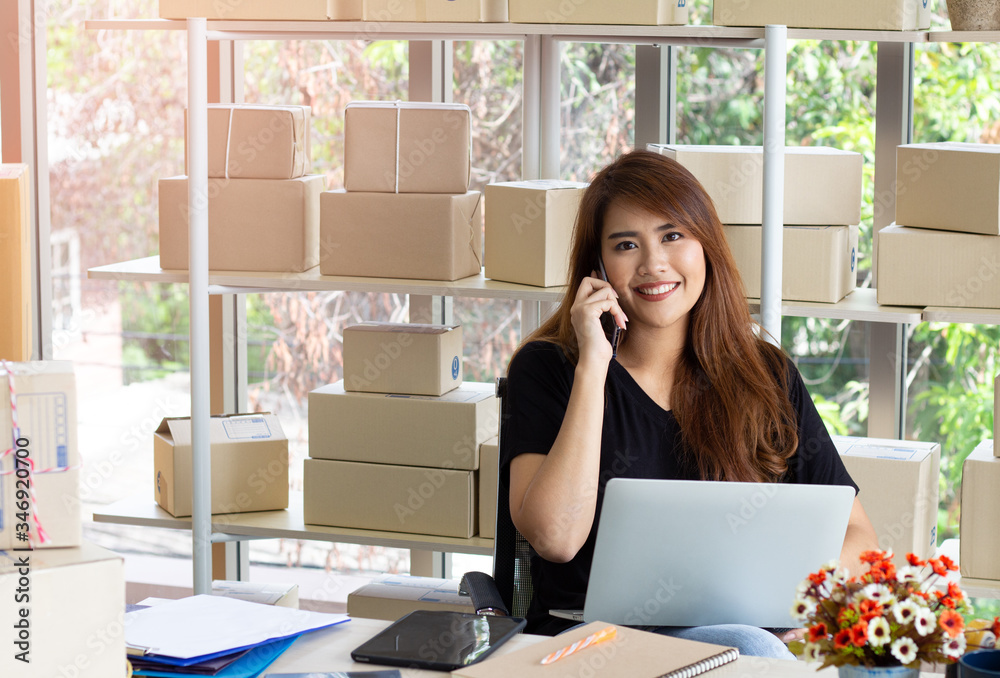 Business owner concept : Young asian woman beautiful working using computer and smiling while at home office, business confirm order to customer, business SME .. Business owner concept : Young asian woman beautiful working using computer and smiling while at home office, business confirm order to customer, business SME ..