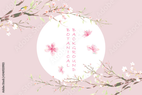 Water color pink peach blossom with green leaf and branch in botanical Chinese style in front of the moon on pale pink background illustration. Suitable for Valentine's day and wedding design element.