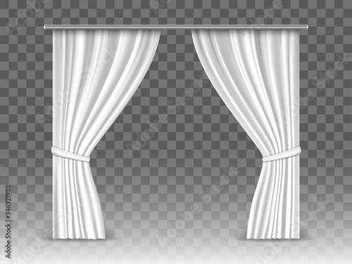 Vector white curtains isolated on transparent background. Realistic mockup curtains hanging on metal  rod